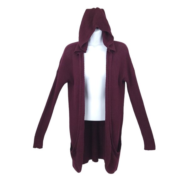American Eagle Open Front Hoodie Cardigan Womens Size S Wine Pockets Cable Knit - Picture 1 of 15